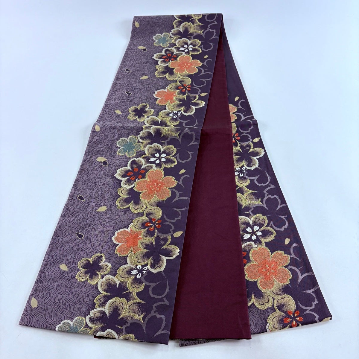 袋帯 秀品 桜 花びら 金糸 紫 六通 正絹｜中古・古着・リサイクル着物