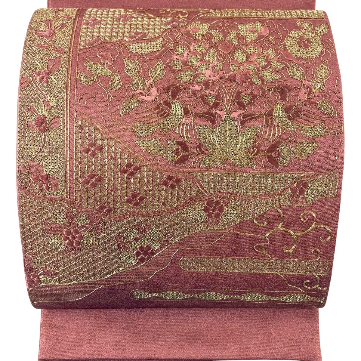 美品】 袋帯 秀品 草花 霞 金糸 刺繍 小豆色 お太鼓柄 正絹｜中古