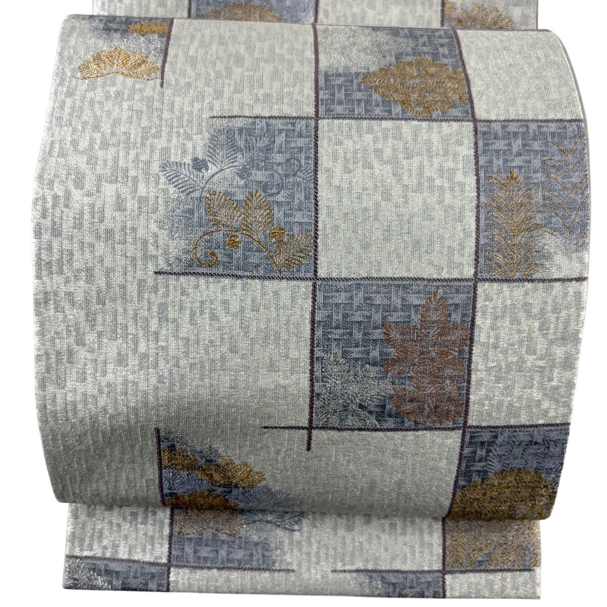 袋帯 秀品 落款あり 格天井 松 金銀糸 箔 灰白 六通 正絹｜中古・古着