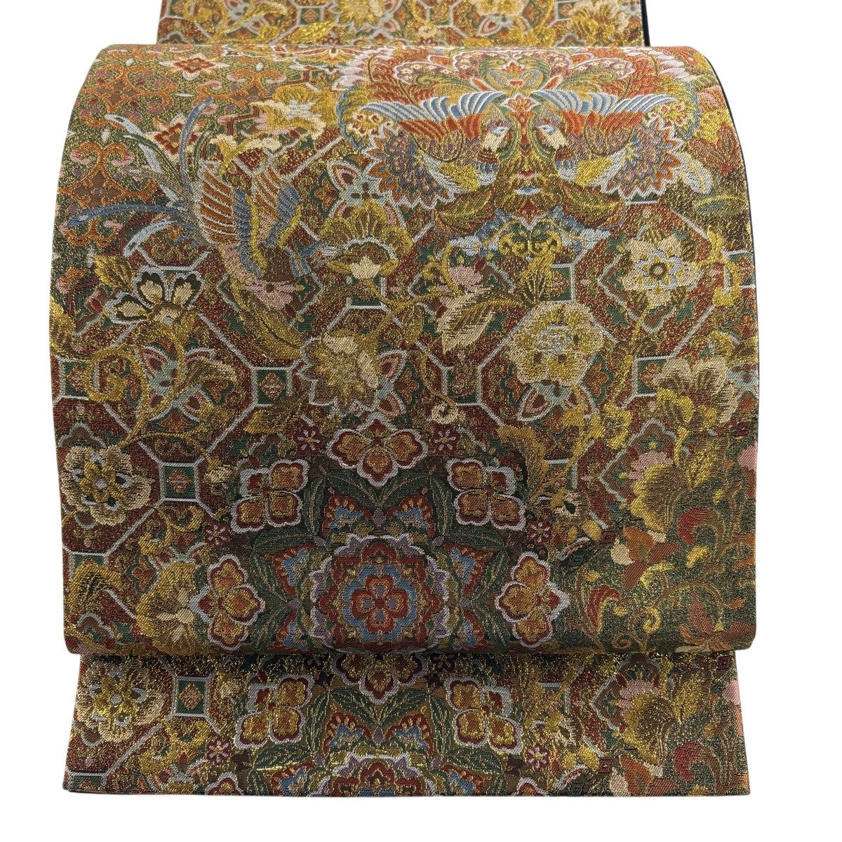 美品】 袋帯 秀品 向鳥 華文 金糸 箔 金色 六通 正絹｜中古・古着