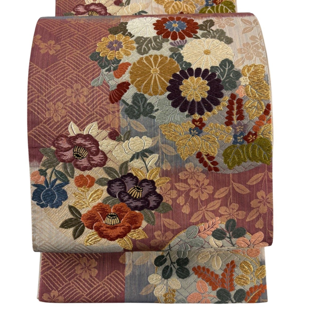 正絹　袋帯　【花丸文】 美品】 袋帯 秀品 夏帯 紗 花丸文 秋草 金糸 箔 灰茶 六通 正絹｜中古