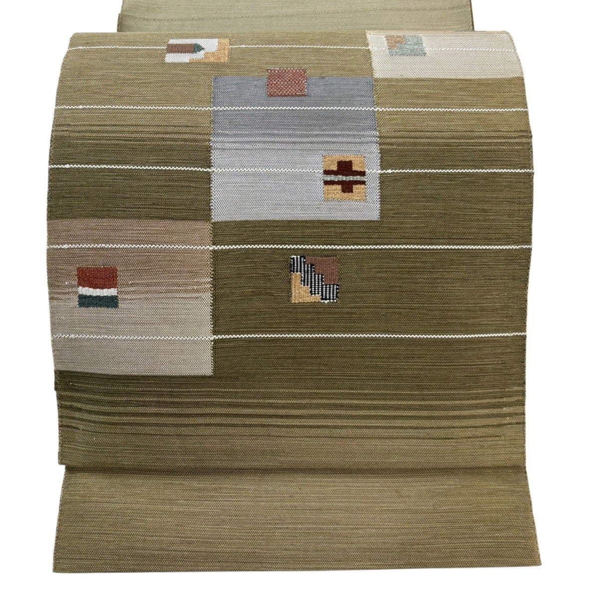 美品】 開き名古屋帯 秀品 幾何学模様 刺繍 黒 正絹｜中古・古着