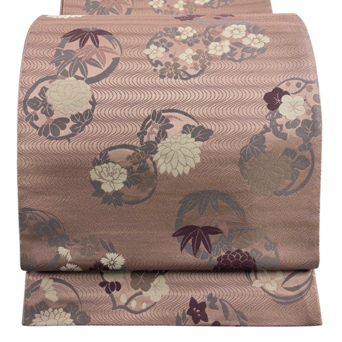 袋帯 秀品 花丸文 草花 薄小豆 六通 正絹｜中古・古着・リサイクル着物