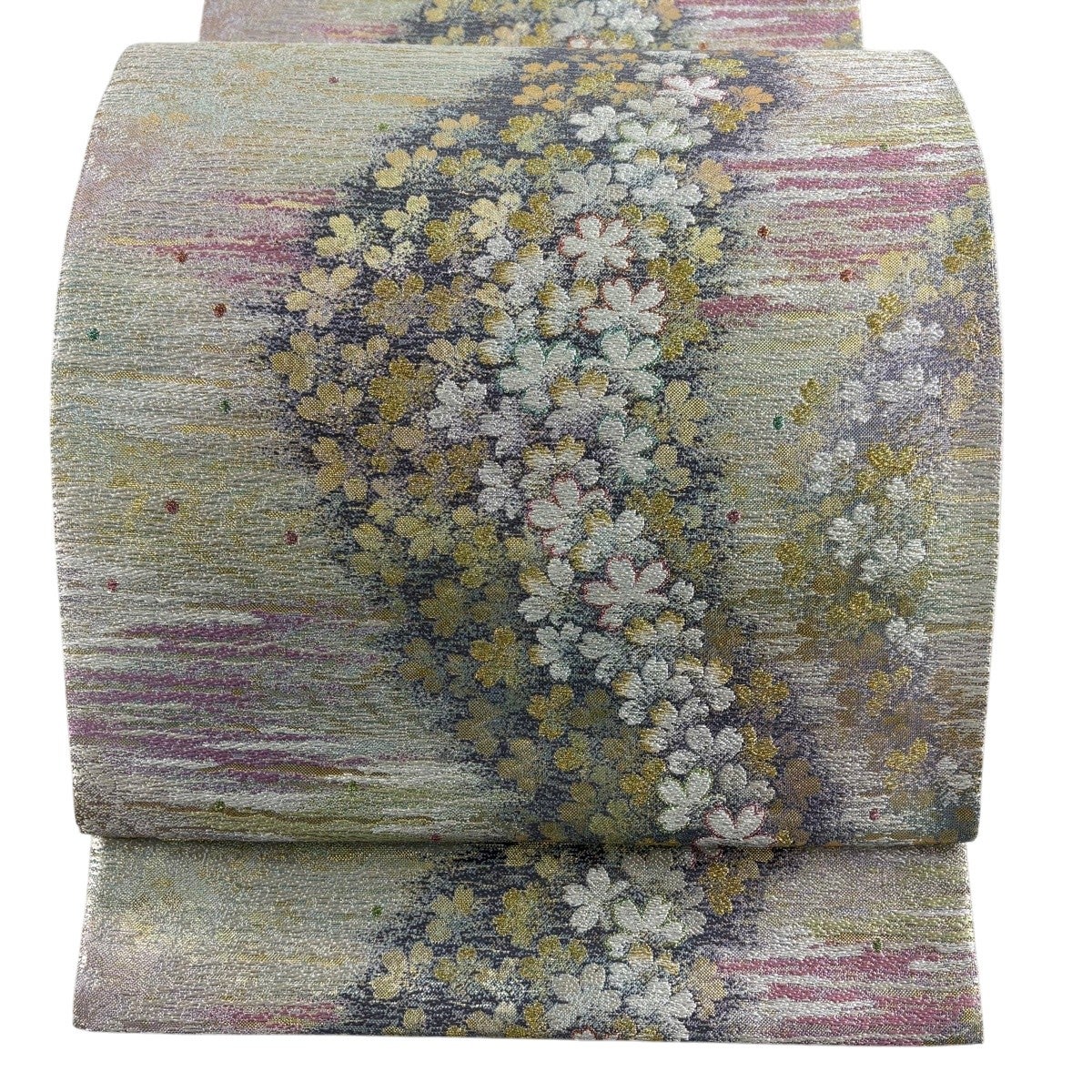 美品】 袋帯 秀品 鈴乃屋 桜 霞 箔 金糸 薄緑 六通 正絹｜中古・古着