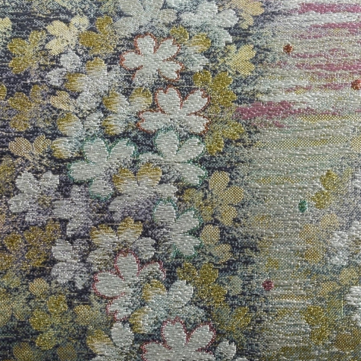 美品】 袋帯 秀品 鈴乃屋 桜 霞 箔 金糸 薄緑 六通 正絹｜中古・古着