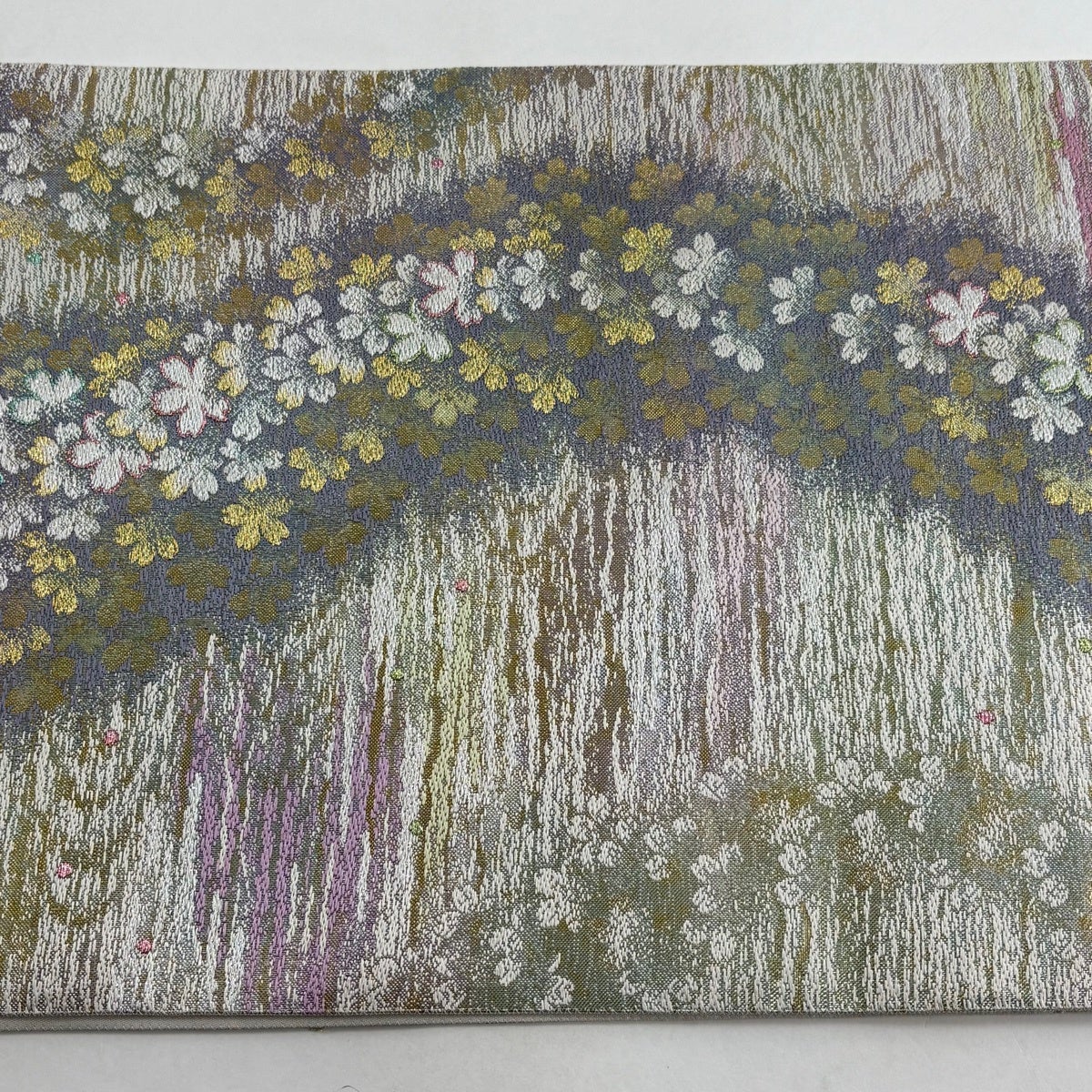 美品】 袋帯 秀品 鈴乃屋 桜 霞 箔 金糸 薄緑 六通 正絹｜中古・古着