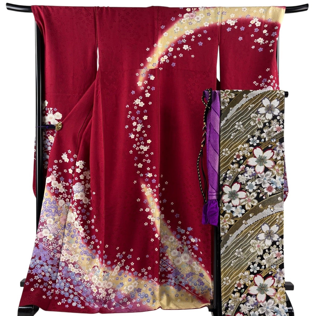 美品】 振袖 身丈172cm 裄丈70.5cm L 袷 袋帯フルセット 桜 雪輪 金糸