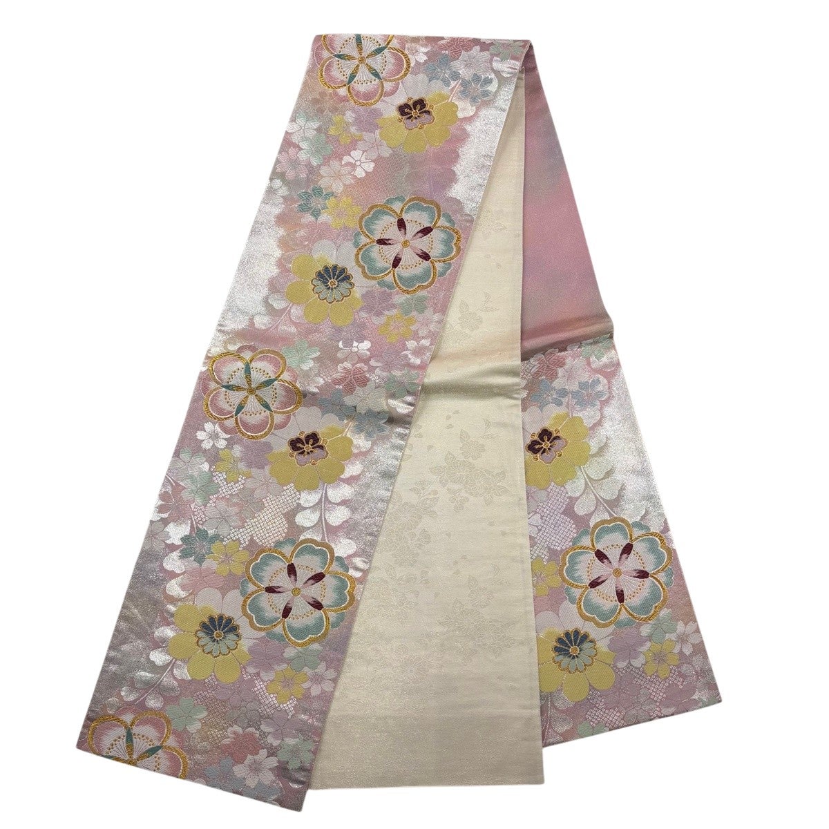 美品】 振袖 身丈158cm 裄丈66.5cm M 袷 袋帯フルセット 桜 疋田柄 銀