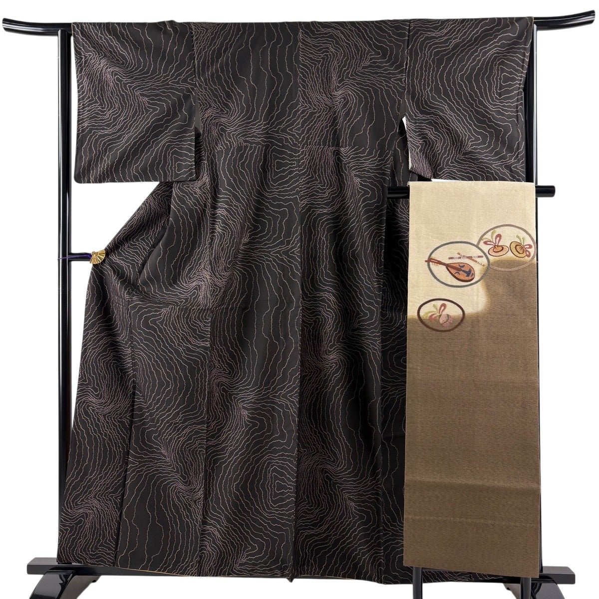 美品】 紬 身丈159.5cm 裄丈64.5cm M 袷 名古屋帯セット 木目 焦茶色