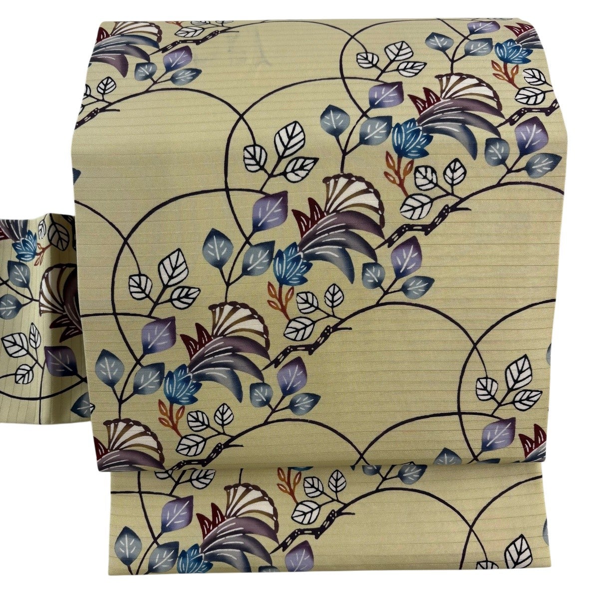 名古屋帯 逸品 城間栄順 落款あり 夏帯 絽 草花 ぼかし 紅型 薄黄土色