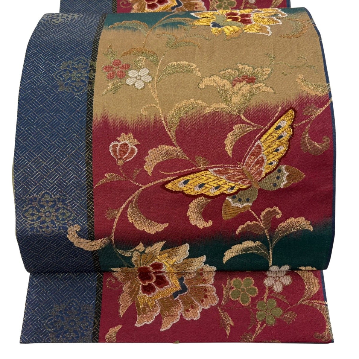 美品】 袋帯 秀品 四季草花文 唐織 箔 赤茶 六通 正絹｜中古・古着