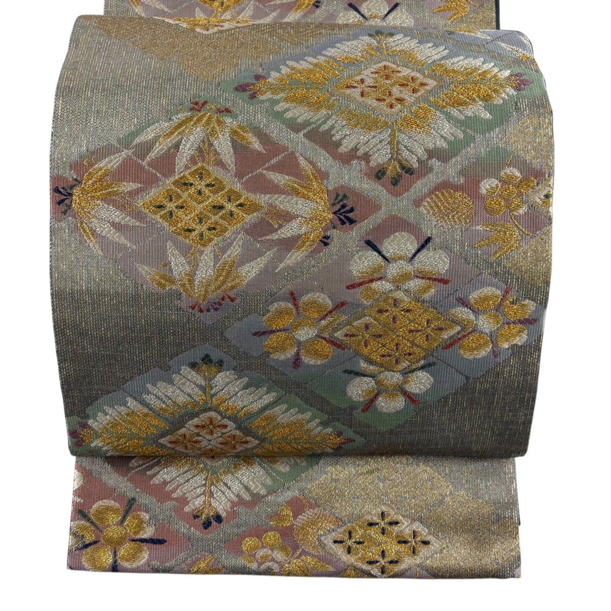 逸品 明綴れ 正絹袋帯 華文 華唐草 金銀糸 お太鼓柄 6月単衣にもお勧め 美品】 袋帯 秀品 草花 蝶 金銀糸 箔 赤 お太鼓柄 正絹｜中古・古着