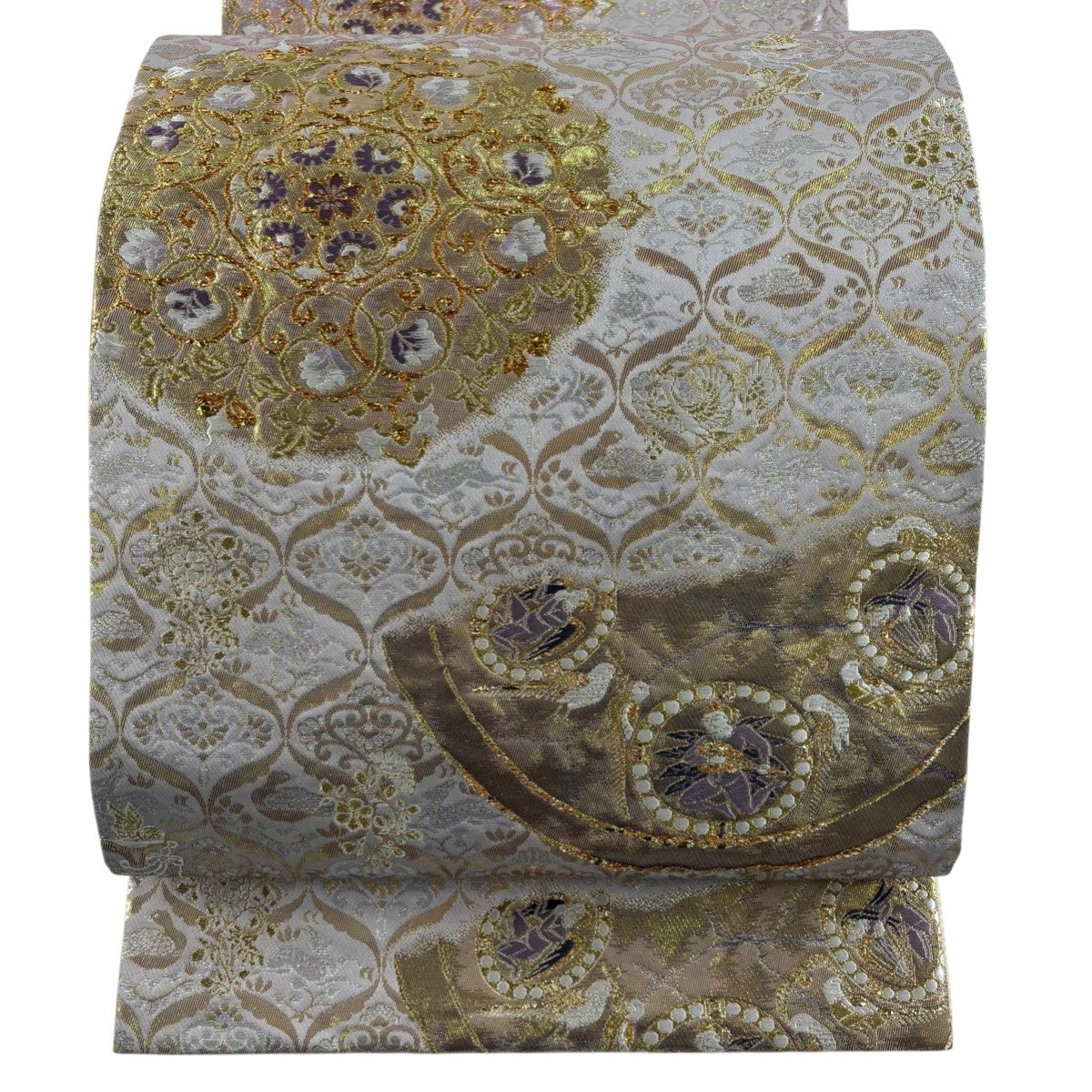 美品】 袋帯 逸品 菱華文 金糸 箔 ベージュ 六通 正絹｜中古・古着