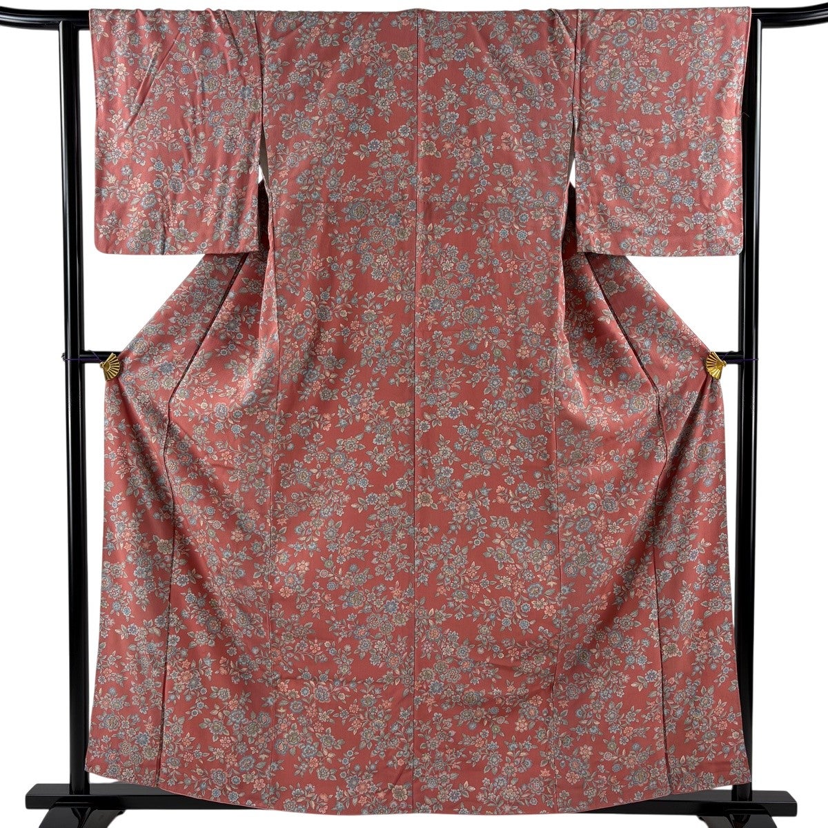 ★美品　小紋　草花模様　裄65cm★ 小紋 身丈159cm 裄丈64cm M 袷 草花 ピンク 正絹 優品｜中古・古着