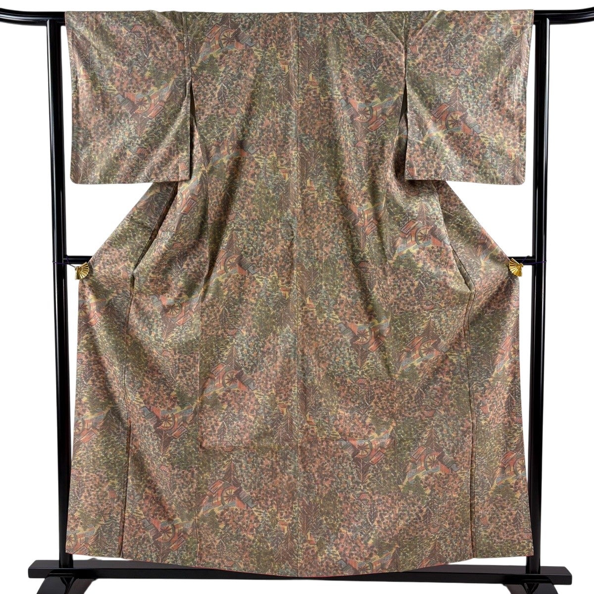 紬 身丈156cm 裄丈67.5cm L 袷 菊 灰緑 正絹 優品｜中古・古着