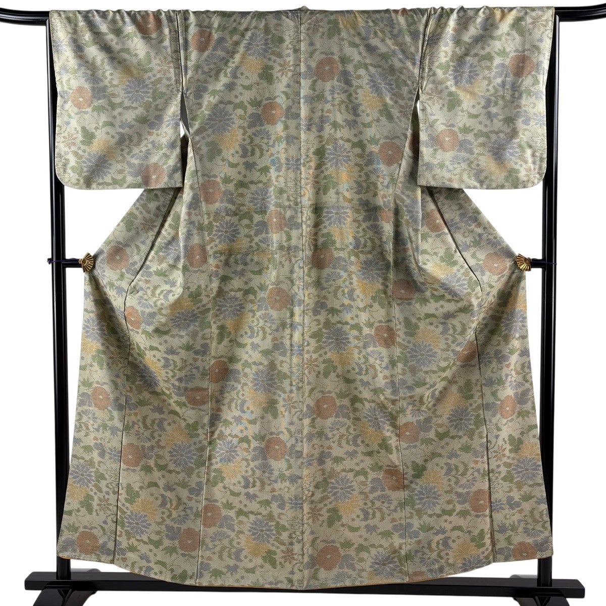 紬 身丈156cm 裄丈67.5cm L 袷 菊 灰緑 正絹 優品｜中古・古着
