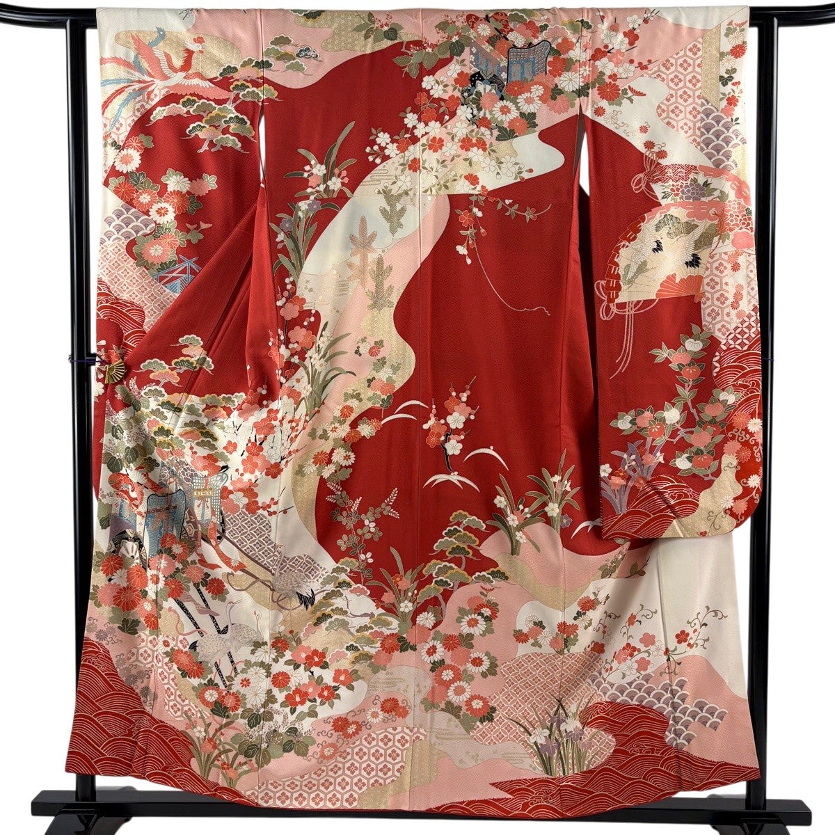 振袖 身丈156.5cm 裄丈61cm S 袷 御所車 鶴 金彩 染め分け 茜色 正絹