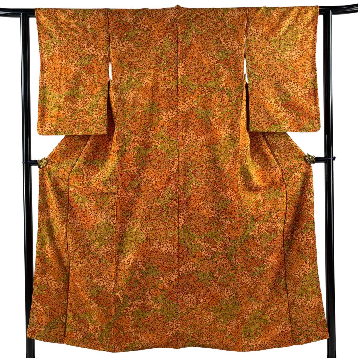 小紋 身丈153cm 裄丈60.5cm S 袷 草花 金彩 オレンジ 正絹 優品｜中古