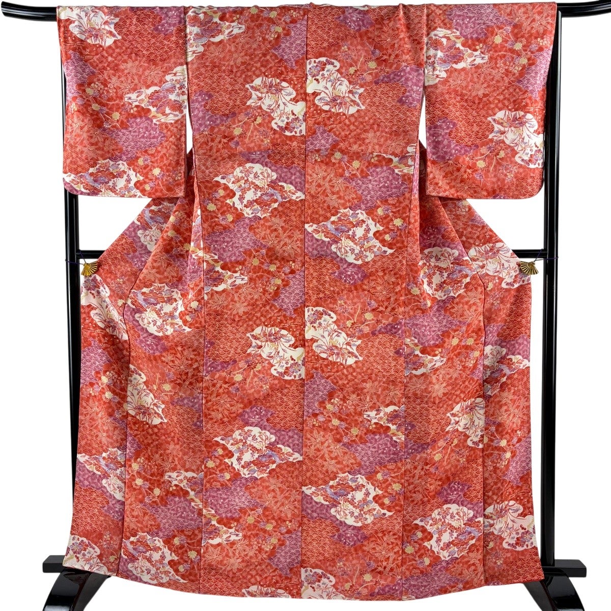 ふ*こ様 160cm　Mサイズ　単衣　紅型タッチ　結城紬？　カジュアル　b054 大島紬 身丈169cm 裄丈64cm M 袷 名古屋帯セット 純泥染 草花 焦茶色