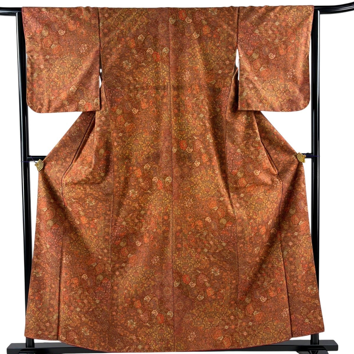 美品】 小紋 身丈158.5cm 裄丈64.5cm M 袷 紬地 花唐草 赤茶 正絹 優品