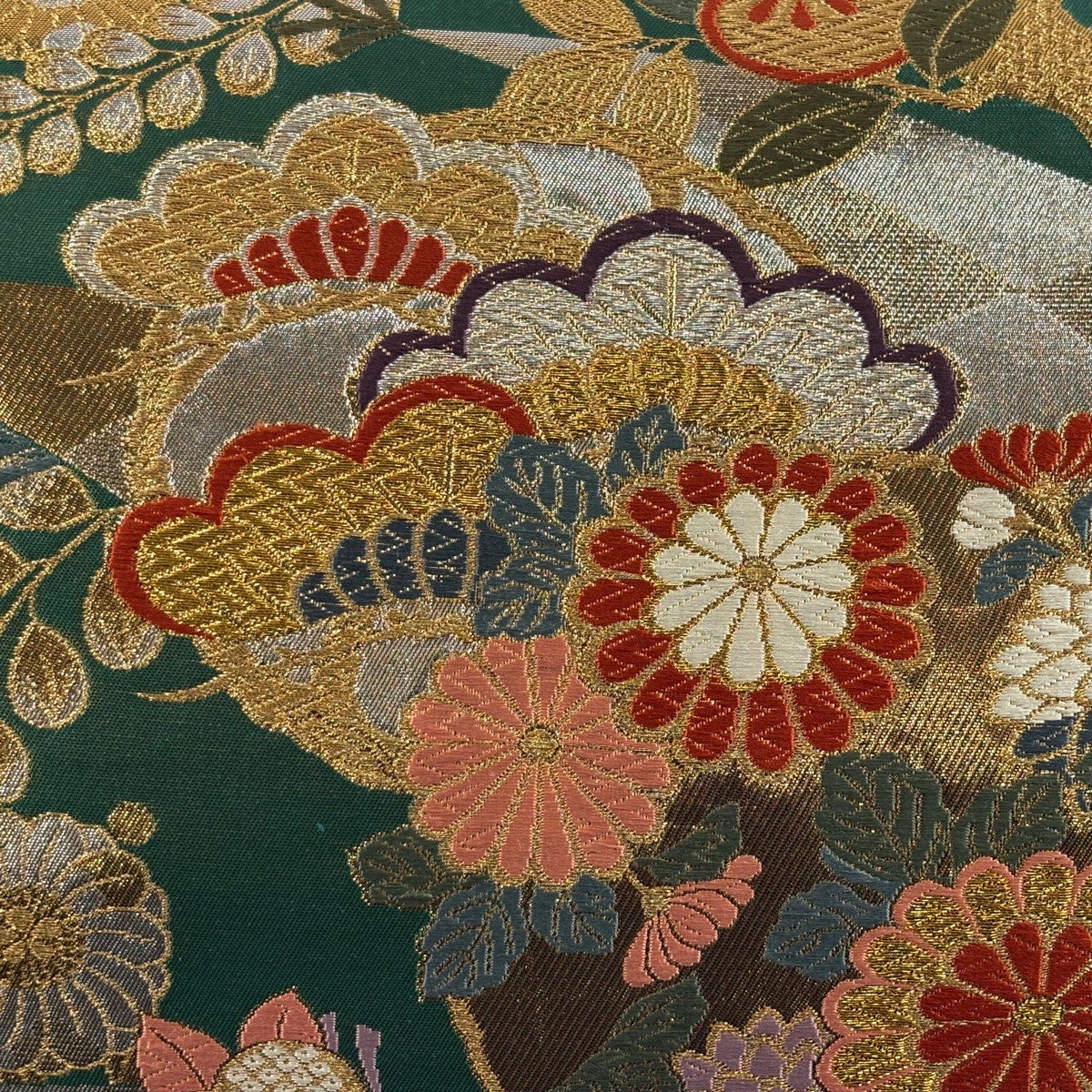 袋帯 秀品 振袖向き 花丸文 橘 金銀糸 唐織 緑 六通 正絹｜中古・古着