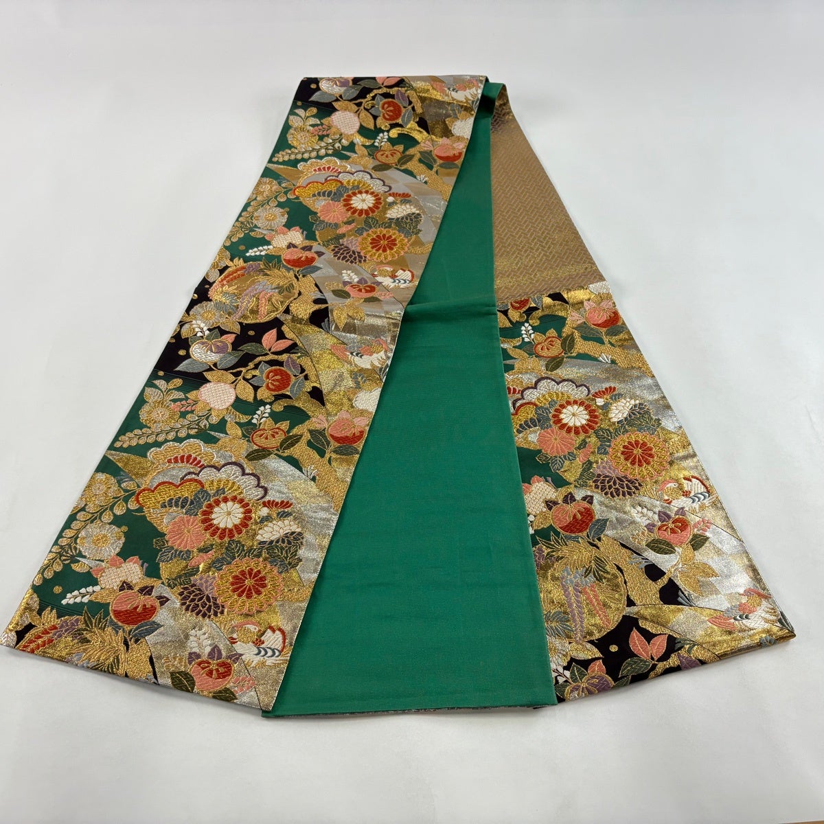 袋帯 秀品 振袖向き 花丸文 橘 金銀糸 唐織 緑 六通 正絹｜中古・古着