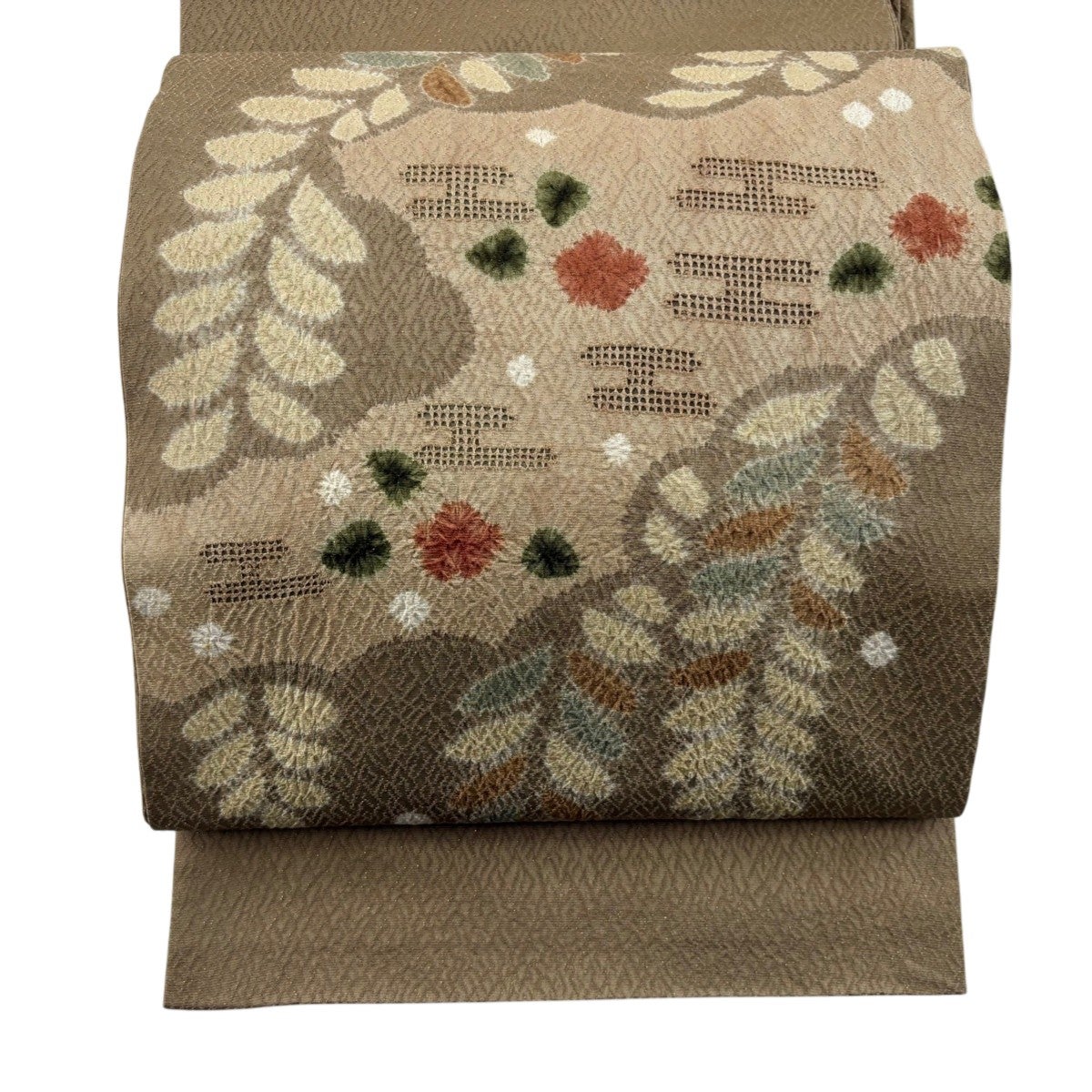 美品】 袋帯 秀品 藤 ヱ霞 絞り 金通し 灰茶 お太鼓柄 正絹｜中古