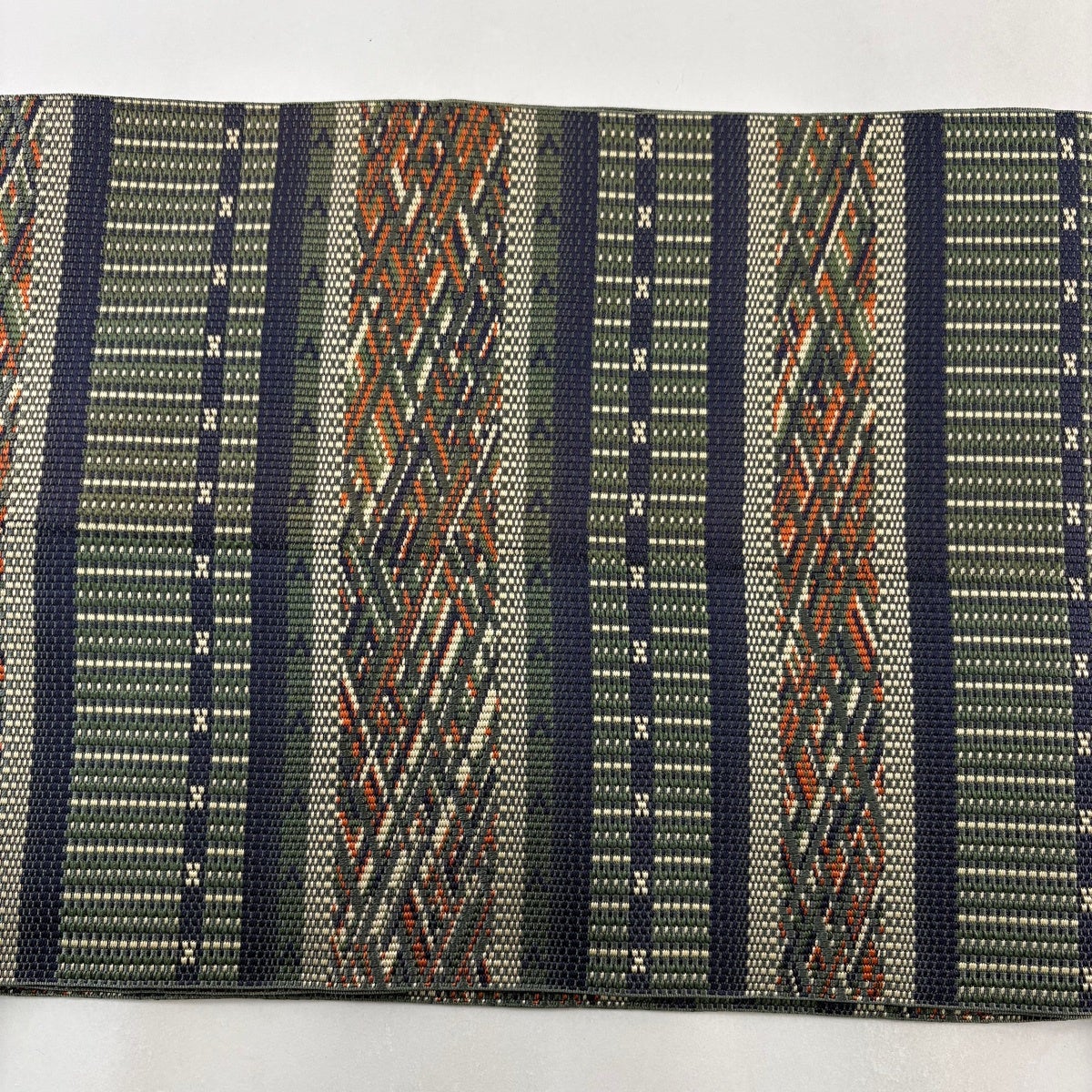 名古屋帯 秀品 八寸名古屋帯 松葉仕立て 幾何学模様 灰緑 正絹｜中古