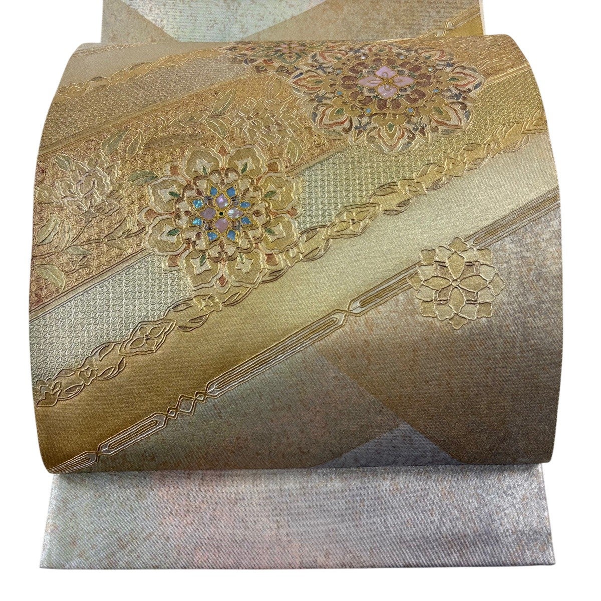 袋帯 秀品 草花 金彩 螺鈿 金色 お太鼓柄 正絹｜中古・古着