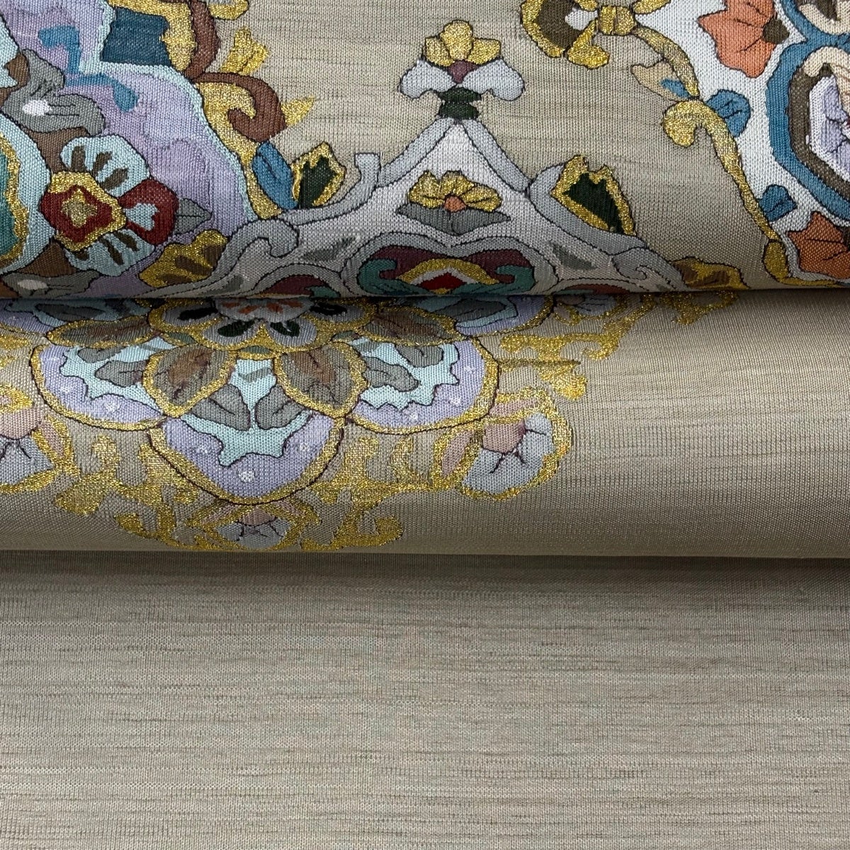 袋帯 逸品 華文 金糸 灰茶 お太鼓柄 正絹｜中古・古着・リサイクル着物