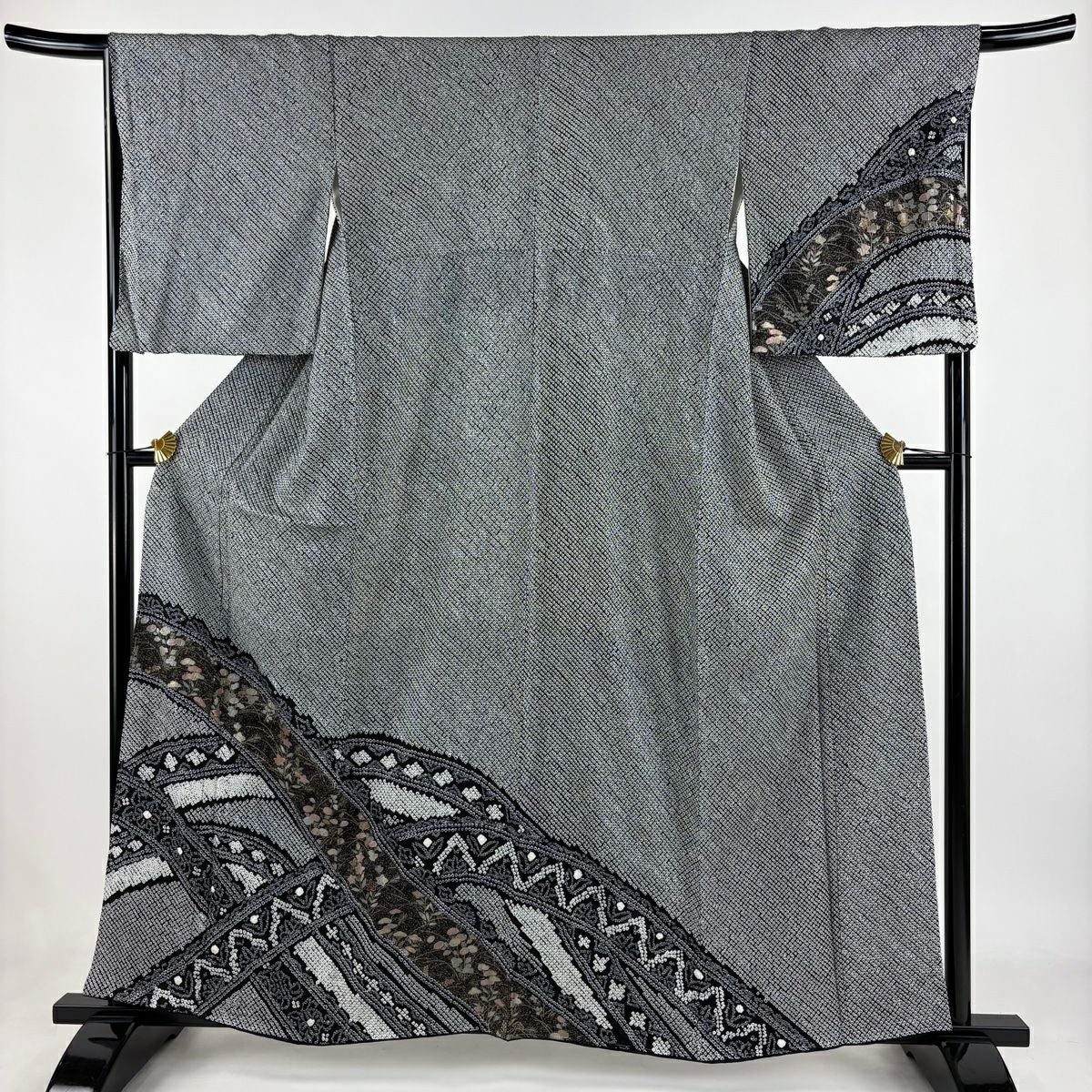 訪問着 身丈159cm 裄丈67cm M 袷 やまと 秋草 幾何学模様 総絞り 金銀