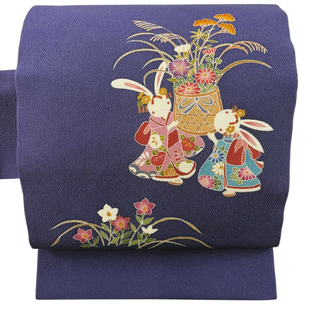 名古屋帯 逸品 花籠 うさぎ 金彩 縮緬 紫 正絹｜中古・古着