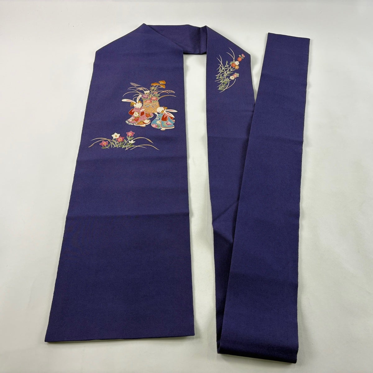 名古屋帯 逸品 花籠 うさぎ 金彩 縮緬 紫 正絹｜中古・古着