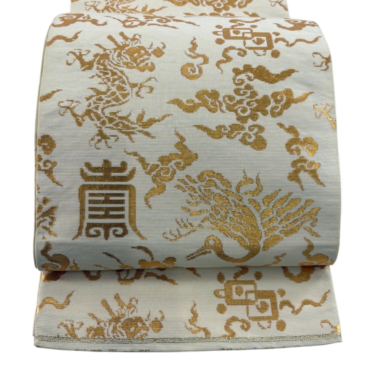 袋帯 秀品 斉藤三才 落款あり 蝶 籠目 箔 金彩 紺色 全通 正絹｜中古