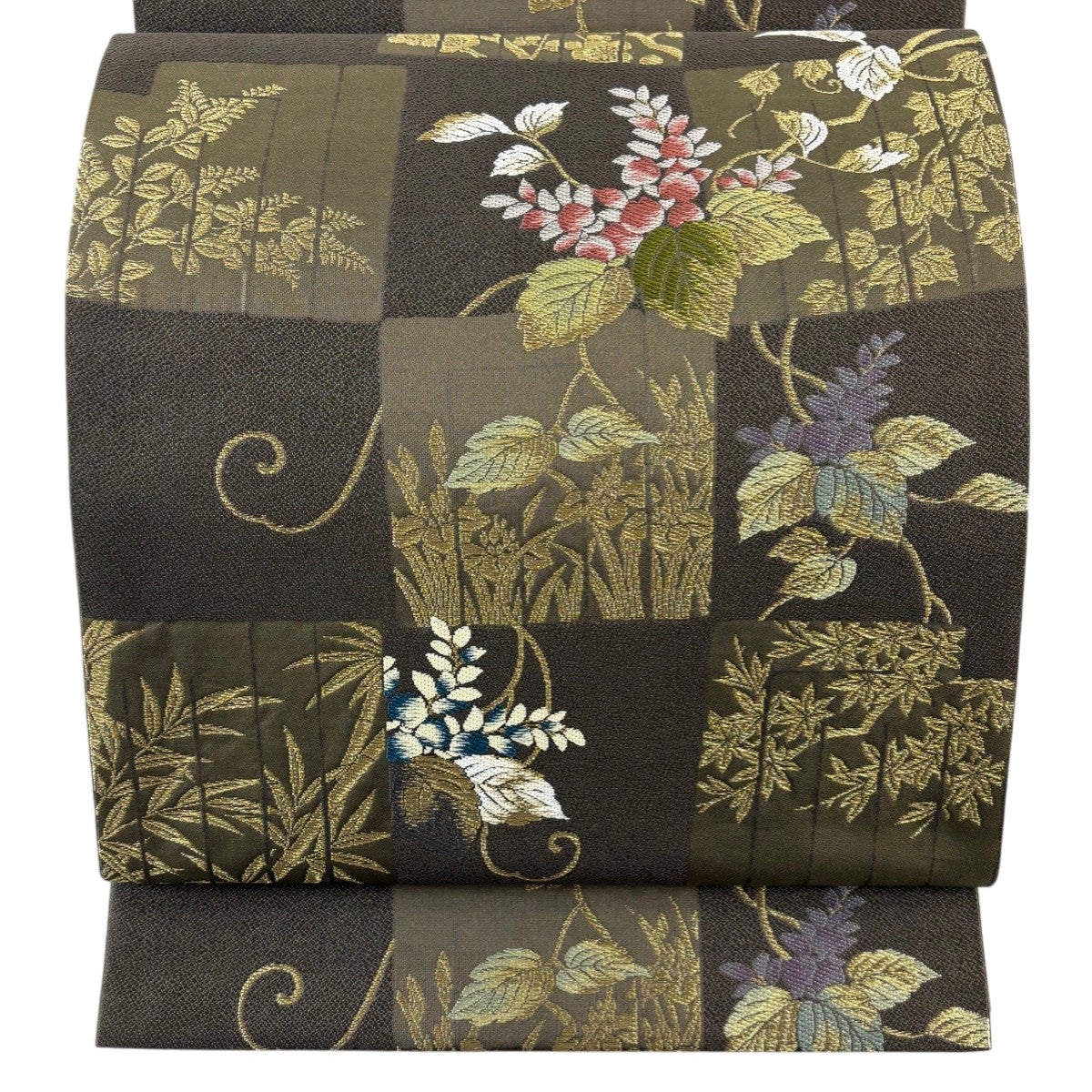 美品】 袋帯 秀品 関西仕立て 菊 桐 刺繍 金糸 青灰色 六通 正絹｜中古