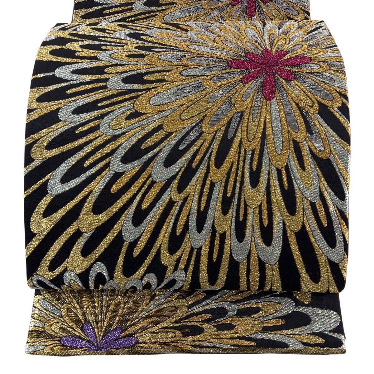 袋帯 秀品 振袖向き 花 金銀糸 箔 黒 六通 正絹｜中古・古着