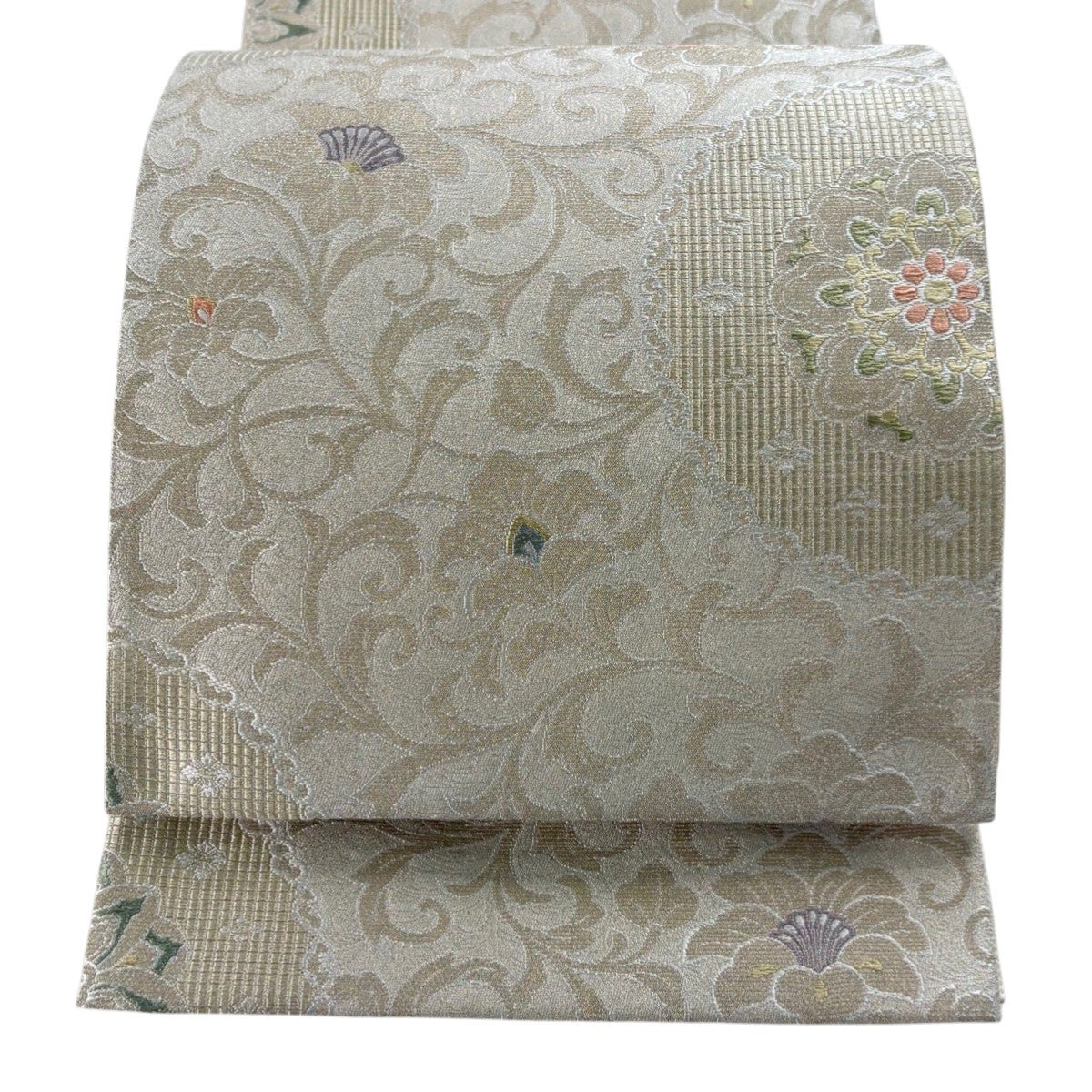 袋帯 逸品 華文 花唐草 刺繍 箔 金色 六通 正絹｜中古・古着