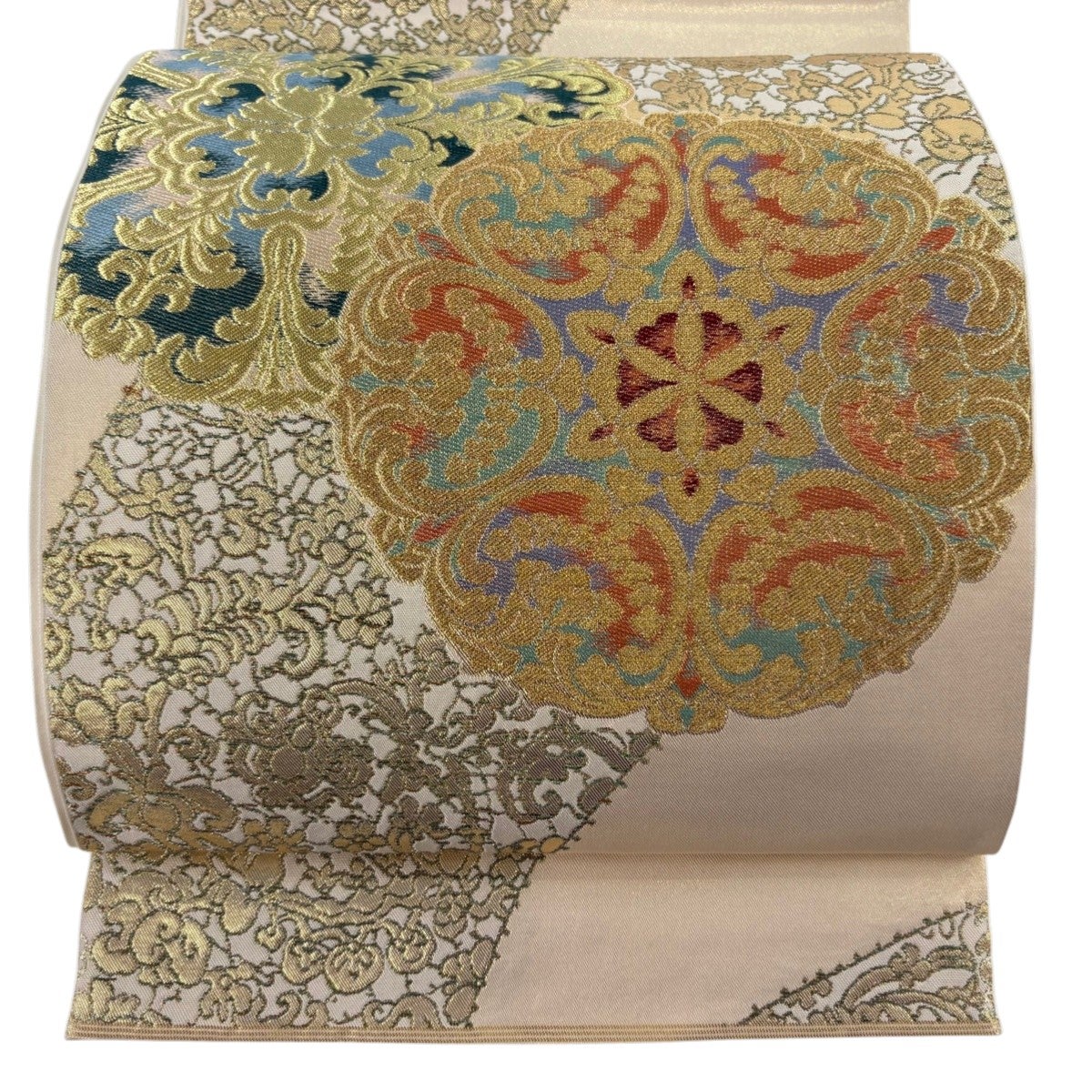 袋帯 秀品 川島織物 落款あり 関西仕立て 巻物 草花 金銀糸 箔 金色 六