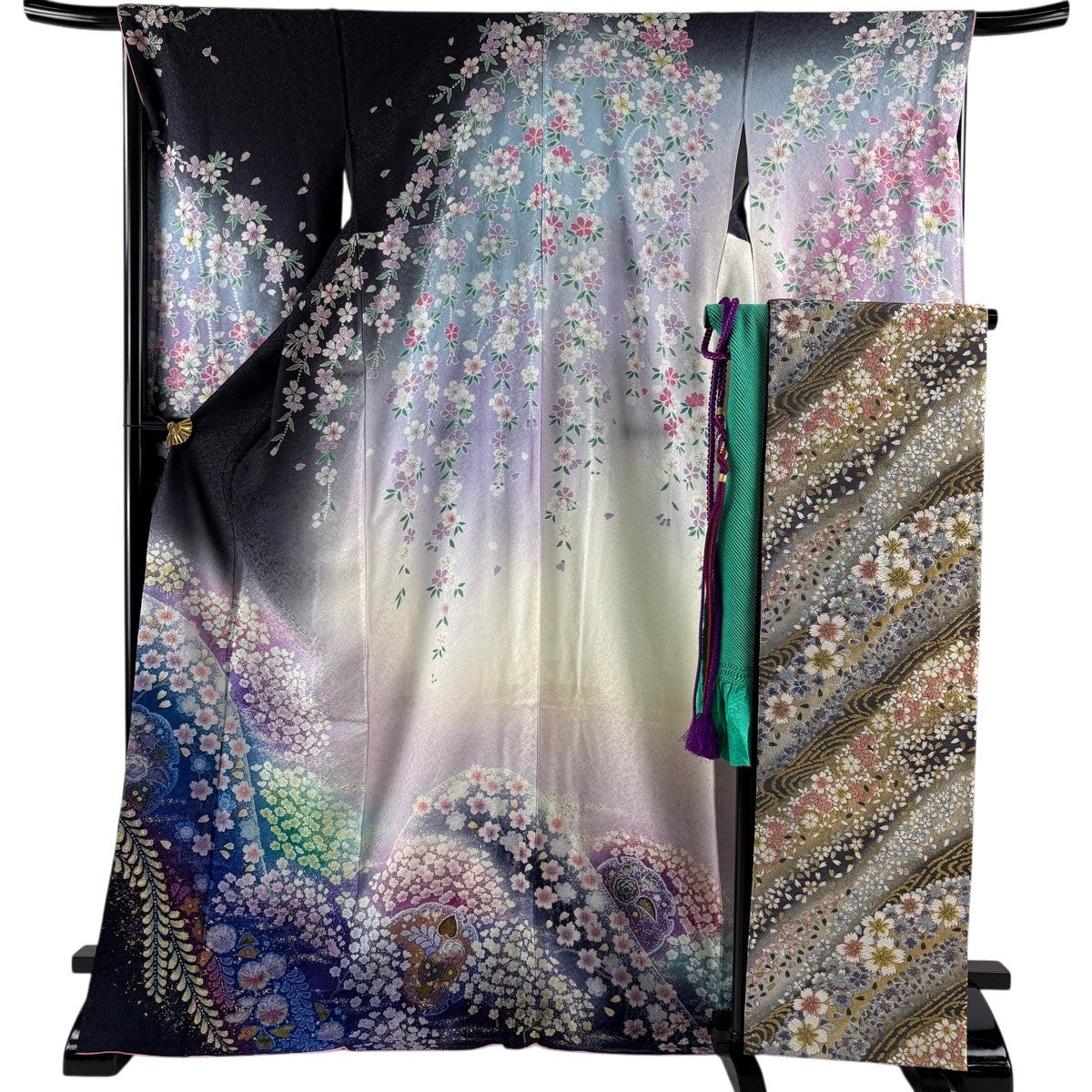 美品】 振袖 身丈173.5cm 裄丈67.5cm L 袷 袋帯フルセット 雪輪 桜 銀