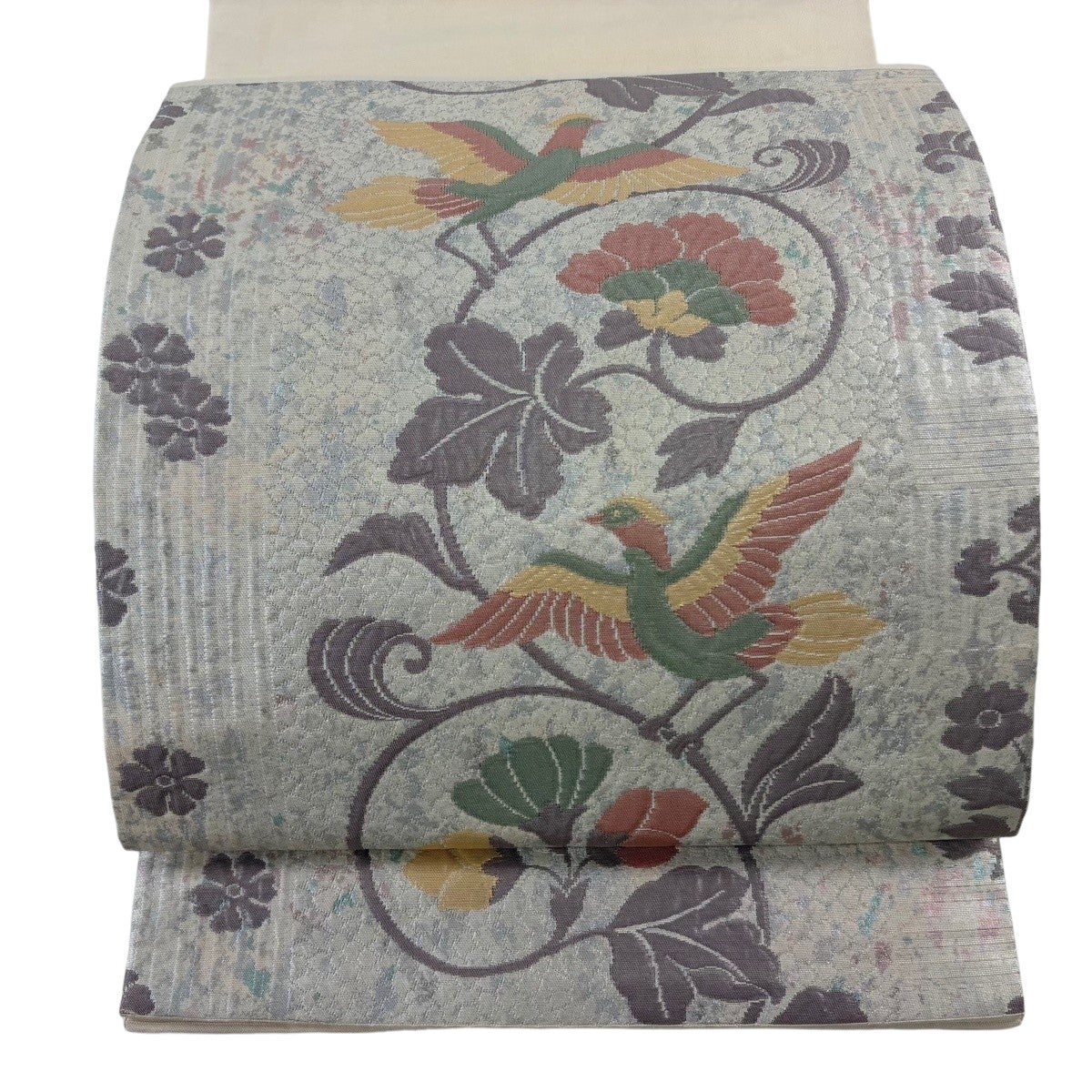 開き名古屋帯 優品 関西仕立て 鳥 花唐草 箔 銀糸 クリーム 正絹｜中古