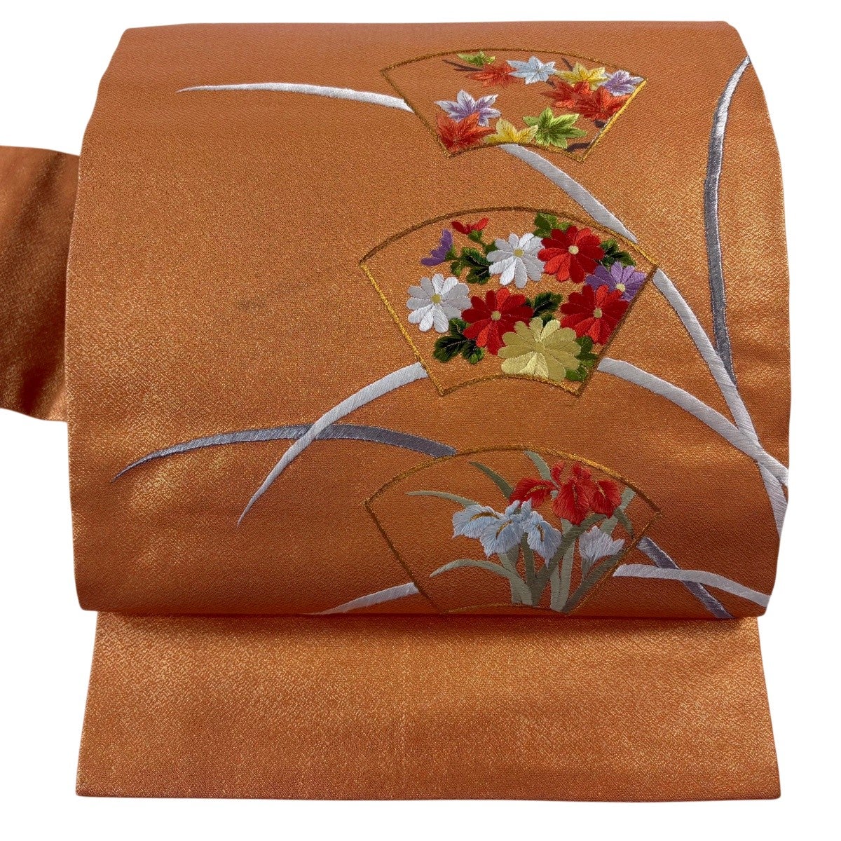 名古屋帯 優品 扇面 菊 金銀糸 箔 山吹色 正絹｜中古・古着