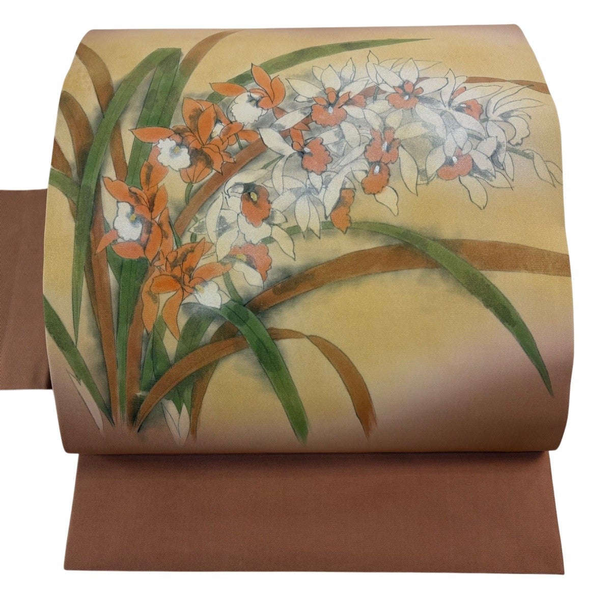 名古屋帯 優品 草花 金銀彩 ぼかし 薄黄土色 正絹｜中古・古着
