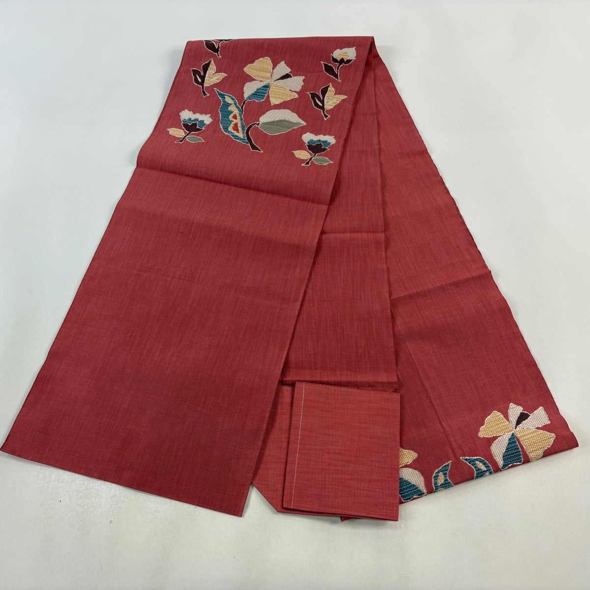 名古屋帯 優品 八寸名古屋帯 松葉仕立て 草花 茜色 正絹｜中古・古着
