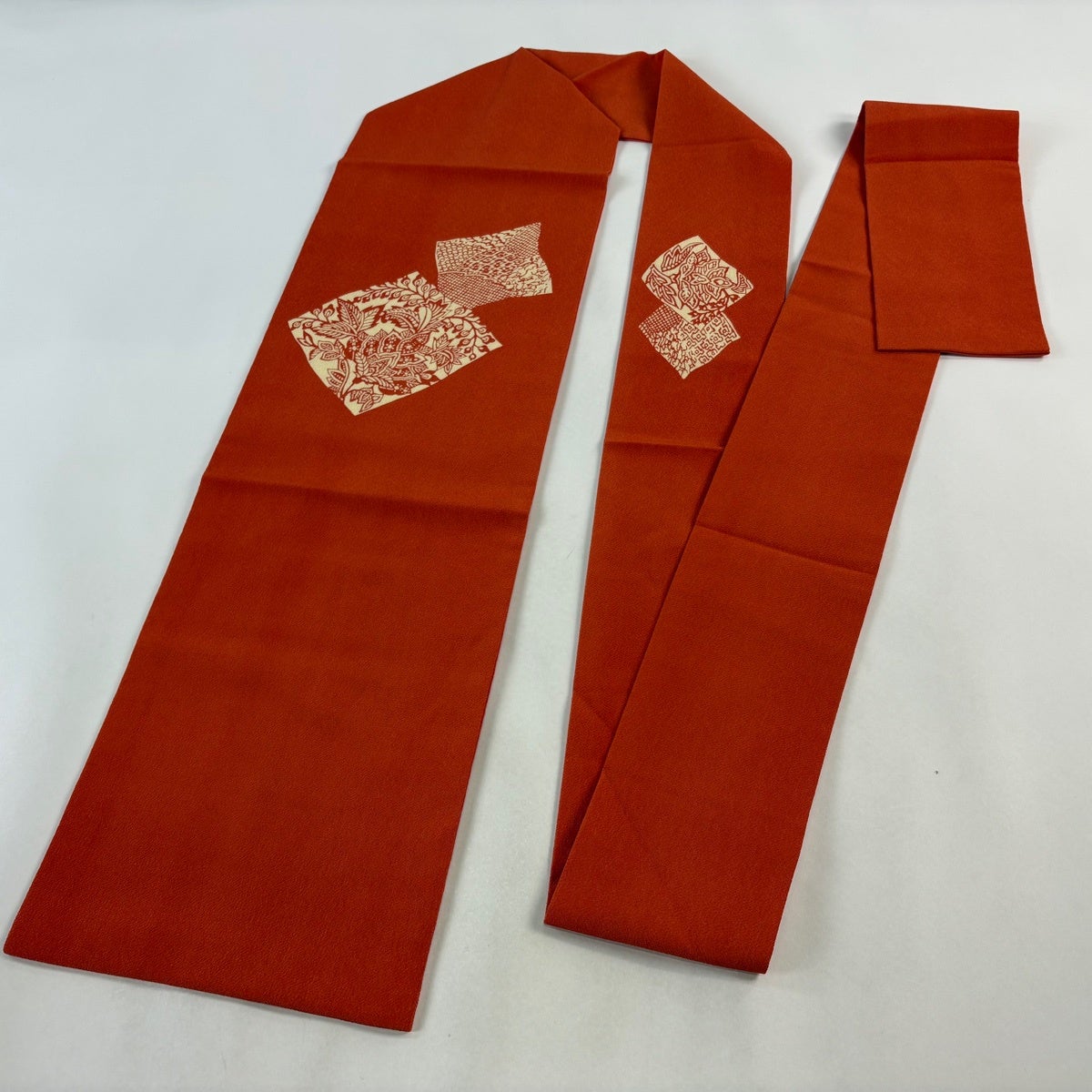 美品】 名古屋帯 優品 色紙 草花 縮緬 朱色 正絹｜中古・古着