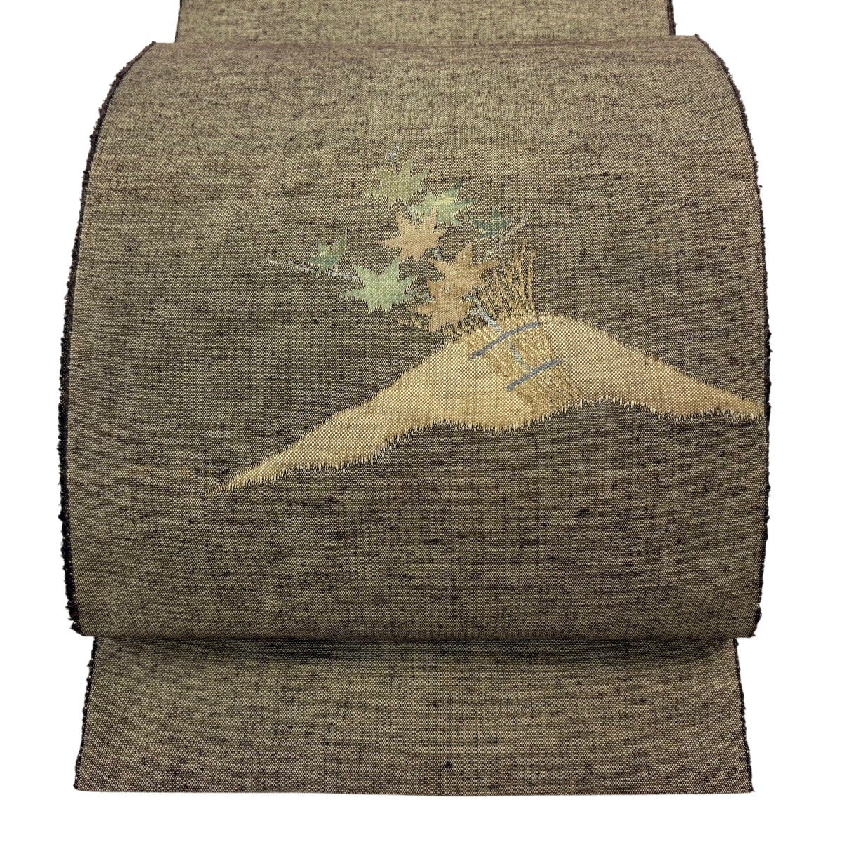 名古屋帯 優品 八寸名古屋帯 松葉仕立て 楓 銀糸 焦茶色 正絹｜中古