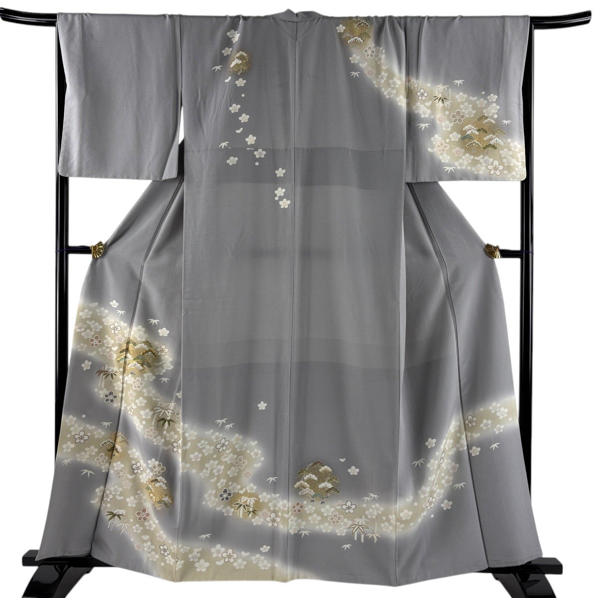 訪問着 身丈160cm 裄丈67.5cm L 袷 松竹梅 金糸 金彩 灰色 正絹 秀品
