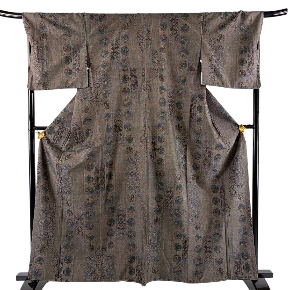 【スタッフ泣くよ価格　7,940】小紋 正絹 千草色　花文様 身丈153cm 美品】 紬 身丈162.5cm 裄丈69.5cm L 袷 丸文 草花 灰茶 正絹 秀品