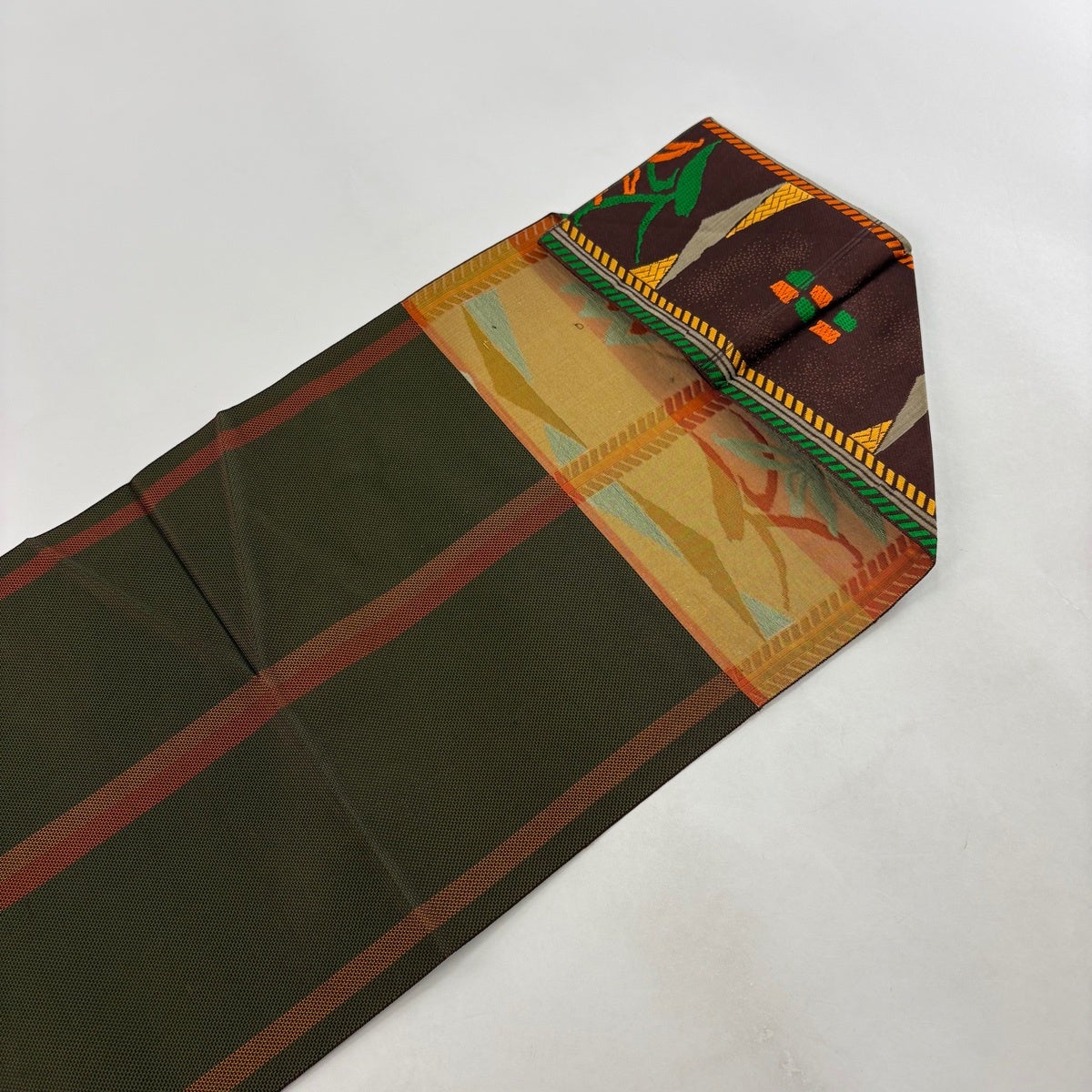 美品】 名古屋帯 優品 八寸名古屋帯 松葉仕立て 関西仕立て 草花 縞 焦
