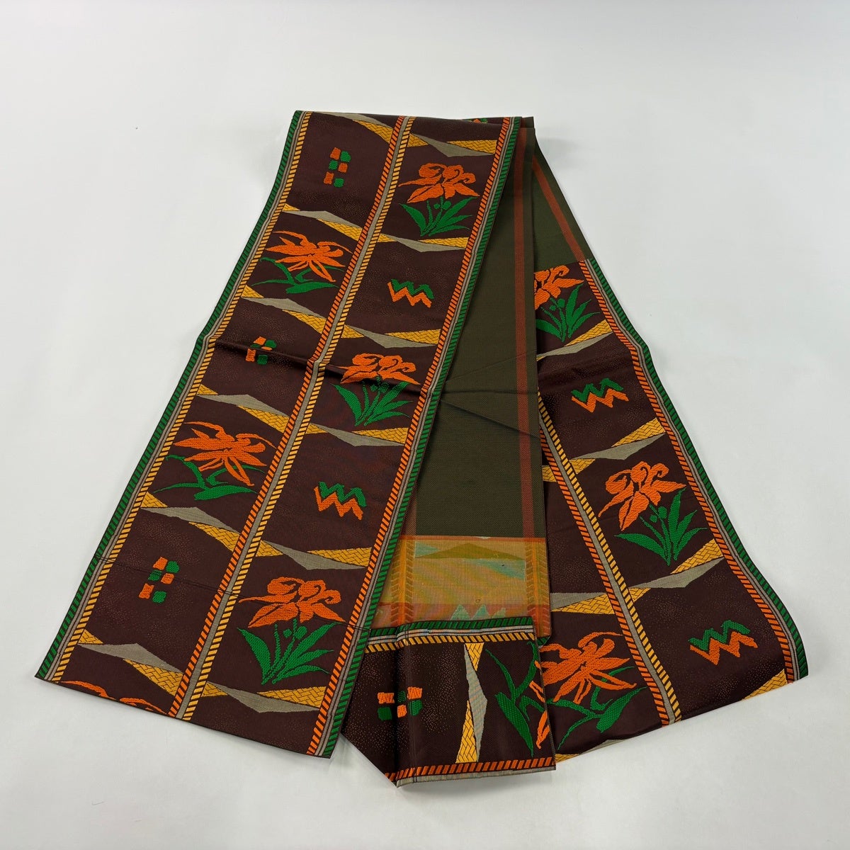 美品】 名古屋帯 優品 八寸名古屋帯 松葉仕立て 関西仕立て 草花 縞 焦