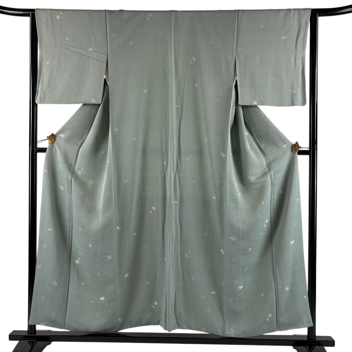 美品】 紬 身丈155cm 裄丈63cm S 袷 幾何学模様 灰緑 正絹 秀品｜中古